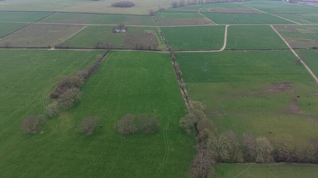 Aerial video showing farmland fields bordered by tree lined countryside