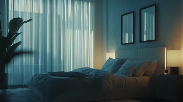 Minimalist bedroom design featuring a comfortable bed with soft pillows, a large plant, and sheer curtains, illuminated by warm and cool artificial lighting for a serene atmosphere