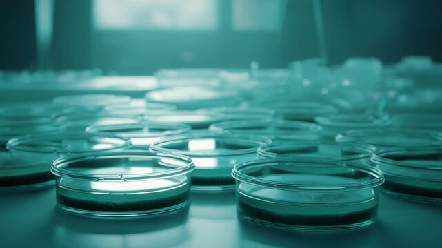 Petri dishes filled with agar and cultivating microbial organisms on a workbench, representing ongoing scientific research, biology experiments, and medical diagnostics in a laboratory setting