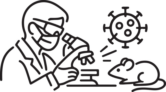 Scientist studying virus effects on laboratory mouse with microscope illustration