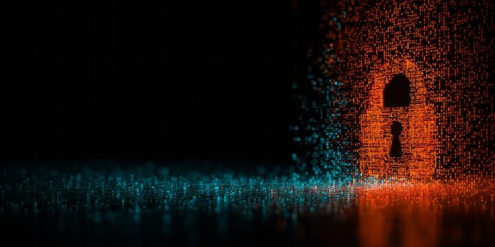 Digital padlock formed from glowing binary code on a dark background.