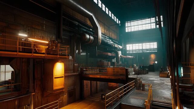 Vast industrial factory interior presenting heavy machinery, pipes, catwalks, and dim lighting, creating a scene of decline, obsolescence, and industrial decay