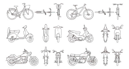Minimalist bicycle and motorcycle line art collection, technical vehicle blueprints in side and front view, 18 vector transport icons for architectural site plans © Ali