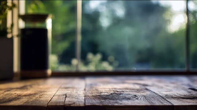 Rustic wooden table with natural textures, bathed in soft morning light from a nearby kitchen window.