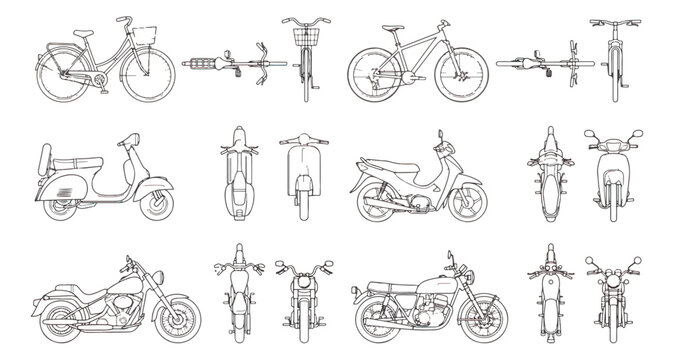 Minimalist bicycle and motorcycle line art collection, technical vehicle blueprints in side and front view, 18 vector transport icons for architectural site plans