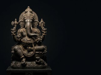 Fototapeta premium Detailed stone sculpture of lord ganesha sitting on a lotus pedestal captured in this high quality studio photography art piece