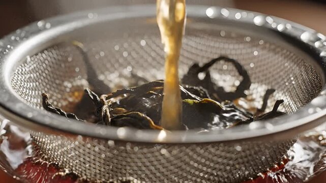 Closeup of hot tea being poured through a strainer with loose leaves.