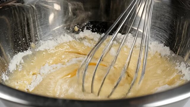 Closeup of ingredients being whisked together in a metal bowl for baking.