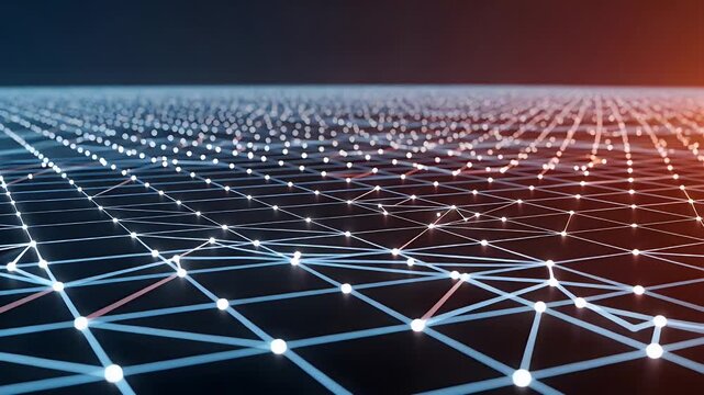 Glowing digital network of connected points and lines representing data communication infrastructure within a modern abstract technological environment for advanced computing and internet connectivity