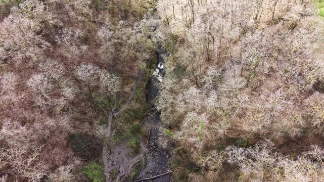 4K aerial video showing Henrhyd Waterfalls with water cascading over layered rocks in a scenic natural setting.