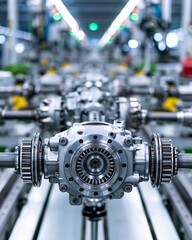 Naklejka premium Medium shot of a frontwheel drive axle assembly with differentials and shafts being precisely aligned and installed on a production line.