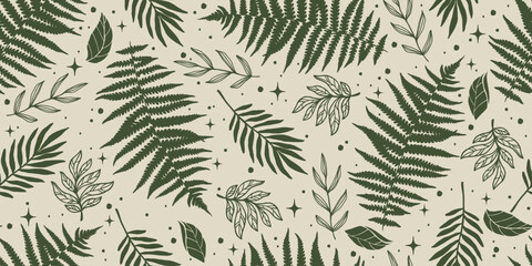 Fern Leaf Vector Seamless Pattern Background Illustration. Green Pattern with fern leaves, stars. © Любовь Овсянникова