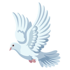 Fototapeta premium Gorgeous albino dove flying with large wings spread isolated cartoon flat raster illustration on white background. Small bird symbolizing love and peace.