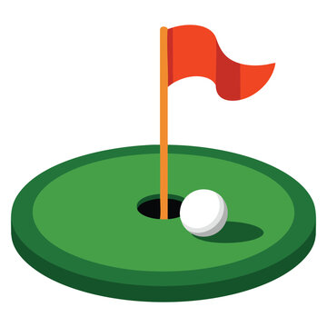 Golf course green featuring flagstick and golf ball in flat vector style. Suitable for sports websites, mobile apps, and golf themed projects.