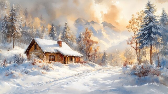 Snowy mountain cabin at sunset with winter forest