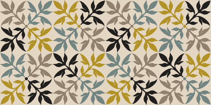 Vintage floral tile, leaves ornament. Ceramic tile pattern seamless vector. 