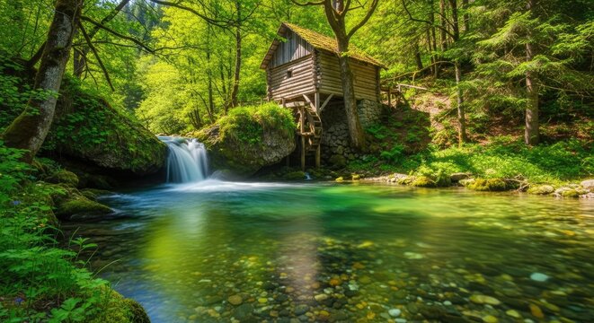 Rustic wooden cabin with waterwheel by waterfall in lush forest