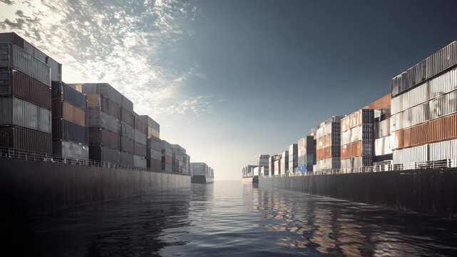 Two massive cargo ships, laden with numerous shipping containers, moving through a wide ocean waterway under a clear sky, representing global trade and modern logistics connecting distant markets