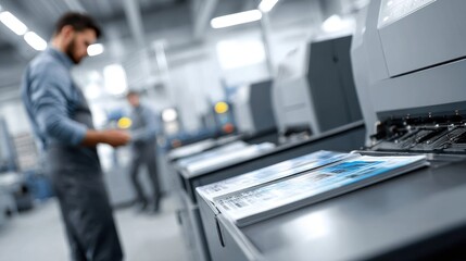 Fototapeta premium Skilled worker operates modern printing machine in a bright industrial facility.