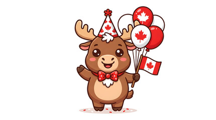 Fototapeta premium Cute cartoon moose celebrating Canada Day with flags and balloons for social media