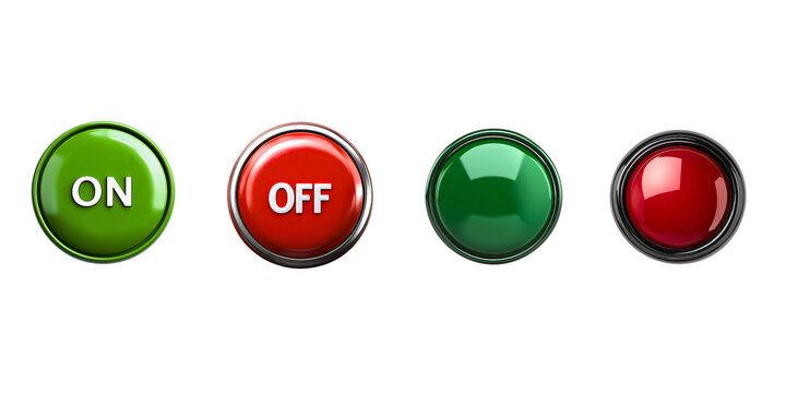 Glossy power buttons set, 3D round green and red on off switches isolated on white background