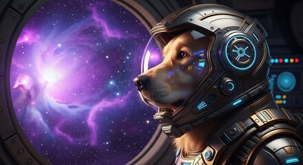Golden Retriever astronaut looking at galaxy through spaceship window.