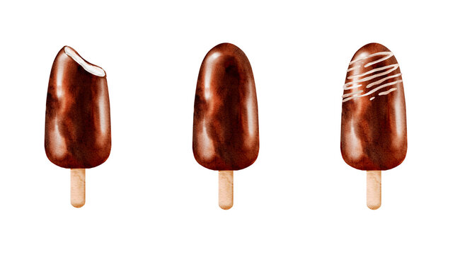 Watercolor ice cream set with chocolate-covered eskimo bars in a delicious isolated illustration