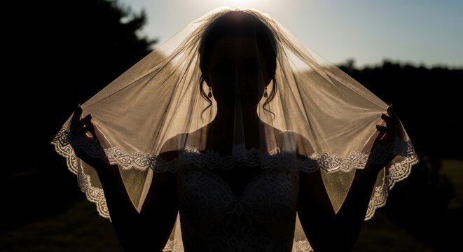 Bride holding lace veil over her head in sunset backlight. Silhouette of woman in wedding dress. Romantic bridal portrait, celebration of marriage and love, outdoor ritual ceremony.