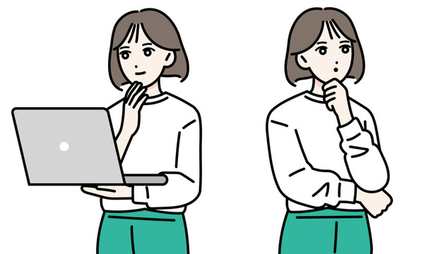 考えている若い女性の立ち姿　PCを持っている