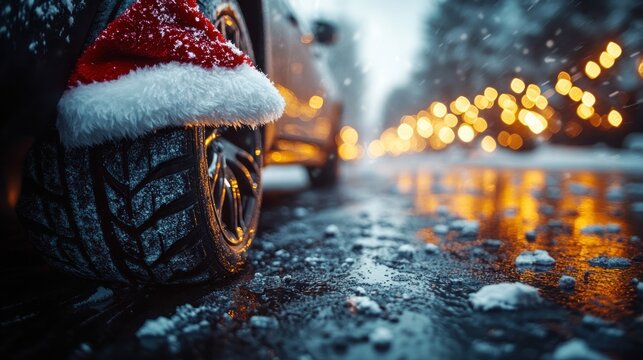 Snowy Winter Drive, Santa Hat on Tire, City Lights Background