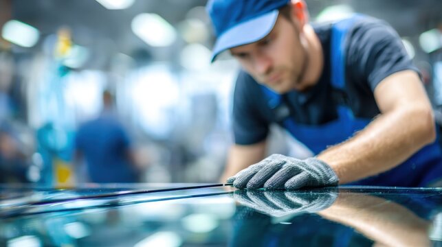 Focused Auto Glass Technician Performing Windshield Replacement Service in Workshop
