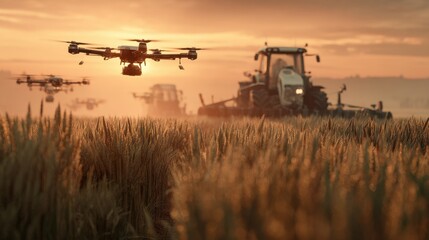 Fototapeta premium Autonomous Agricultural Robots Swarm over Wheat Field at Golden Sunset