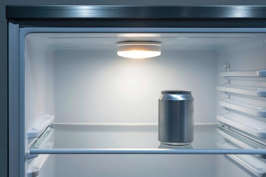 A single empty aluminum drink can standing on a glass shelf inside a refrigerator, illuminated by the interior light of an otherwise empty fridge.