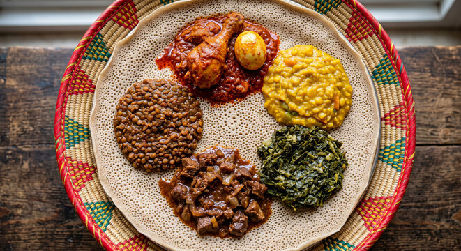 Ethiopian Injera Platter with Doro Wat, Alicha, Gomen 8K