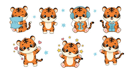 Fototapeta premium Cute Cartoon Tiger Character Sticker Set, Adorable Wild Animal Collection