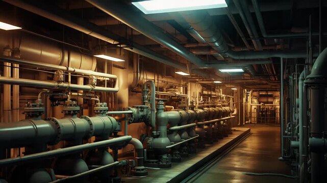 Empty industrial facility presenting a long corridor with rows of machinery, pipes, and valves, highlighting manufacturing, engineering, and power generation concepts