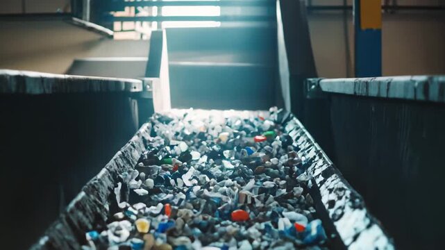 Plastic waste, including bottles, containers, and packaging, moves on an industrial conveyor belt within a modern recycling facility, emphasizing environmental sustainability and resource recovery