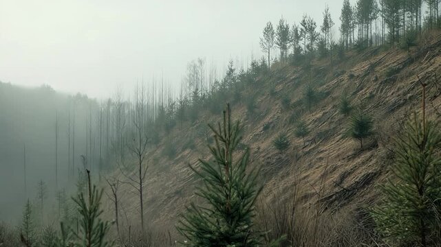 Rolling hillside showing new forest growth and reforestation efforts, with young evergreen pine trees thriving on the cloudy mountain slope as old bare trees stand in the background