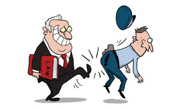 Lawyer kicking man illustration with law book concept