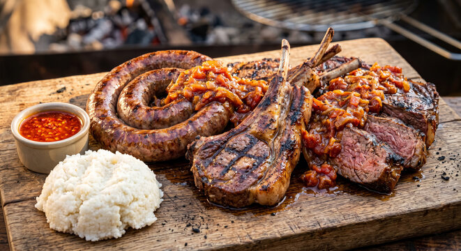 South African Shisa Nyama Braai Meat Platter 8K Stock Shot