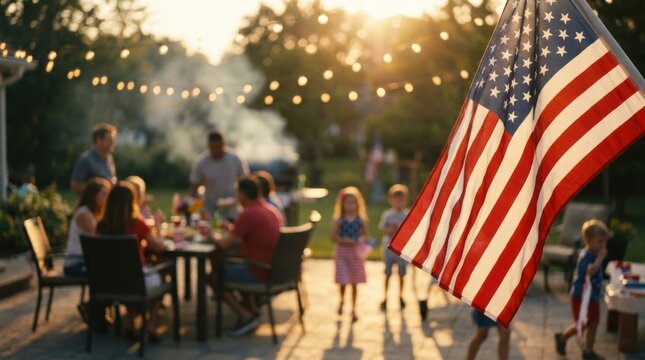 American flag in sharp foreground with blurred backyard party gathering in background, 4th of July summer cookout celebration with string lights and golden hour bokeh.