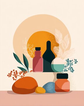 Minimal flat style still life of cosmetic bottles and botanical foliage with layered sun circles in warm earth tones