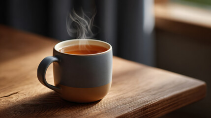 Fototapeta premium Steaming barley tea in ceramic mug on wooden table, warm drink with cozy morning light