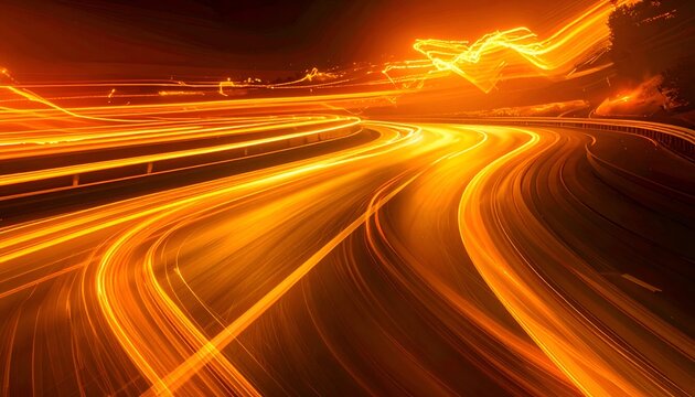 Golden streaks of light flow along a curved road, suggesting rapid movement