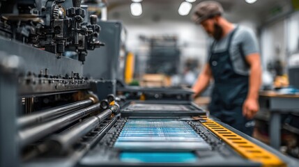 Fototapeta premium Industrial Printing Press Machine in Focus with Worker in Printshop Background