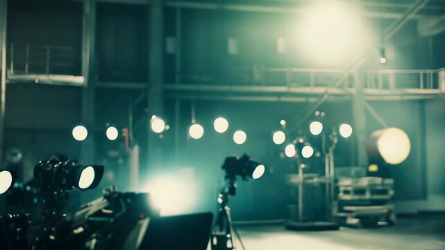 Film set with multiple movie cameras and professional lighting equipment illuminating a modern studio space, ready for a video production or broadcast