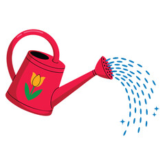 Obraz premium Flat design watering can isolated on white background with falling water drops. Vector illustration perfect for gardening related graphics.