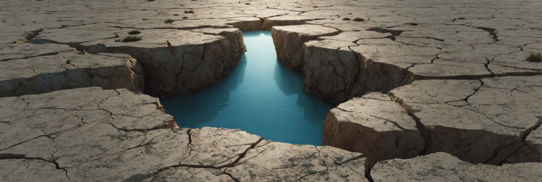 Cracked desert ground with deep blue pit in dry landscape, surreal erosion scene and cracked earth texture