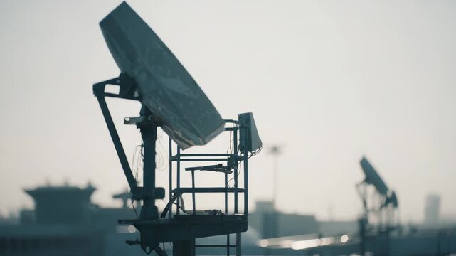 Satellite dishes standing tall against a bright sky, demonstrating modern technology for global communication, internet, and broadcasting signals across wide distances in an urban environment