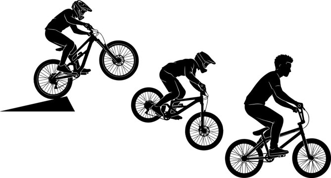 Black silhouette vector sequence of extreme mountain biking stunts bmx tricks jump ramp action and cycling sports illustrations